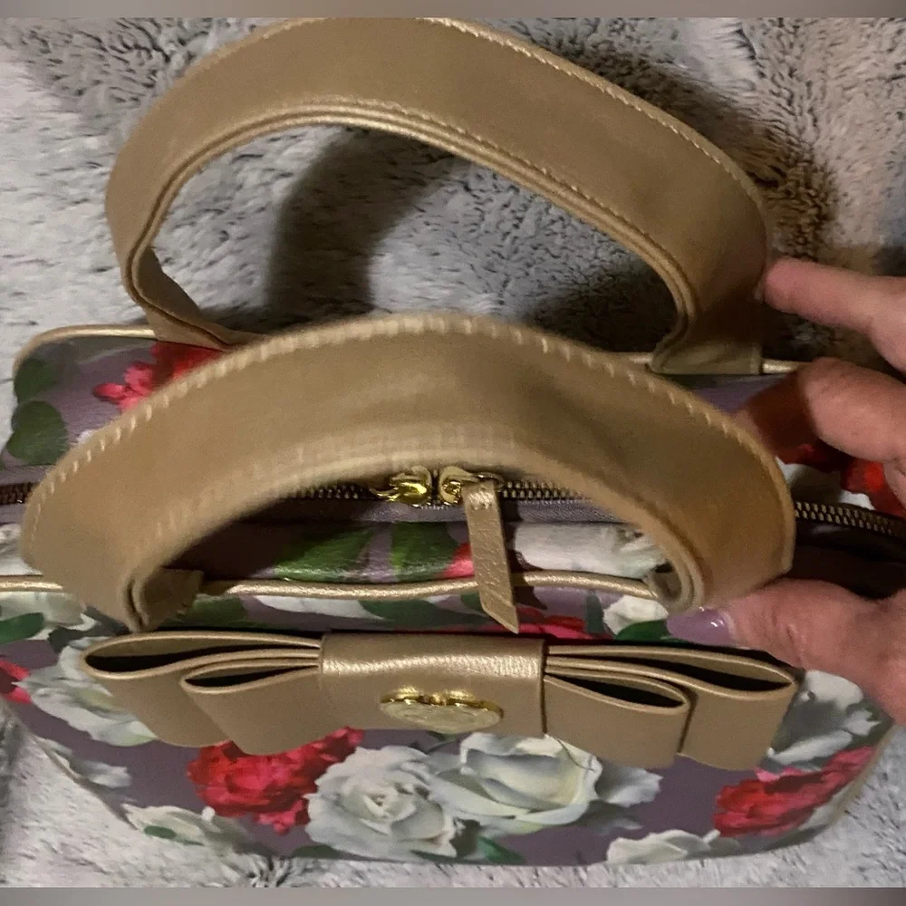 Gold and Red Cosmetic Bag with Floral Design